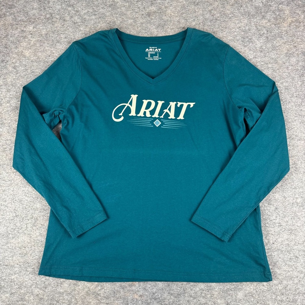 Ariat Vibrant Long Sleeve Tee T-Shirt V-Neck Relaxed Fit Green Womens Large L